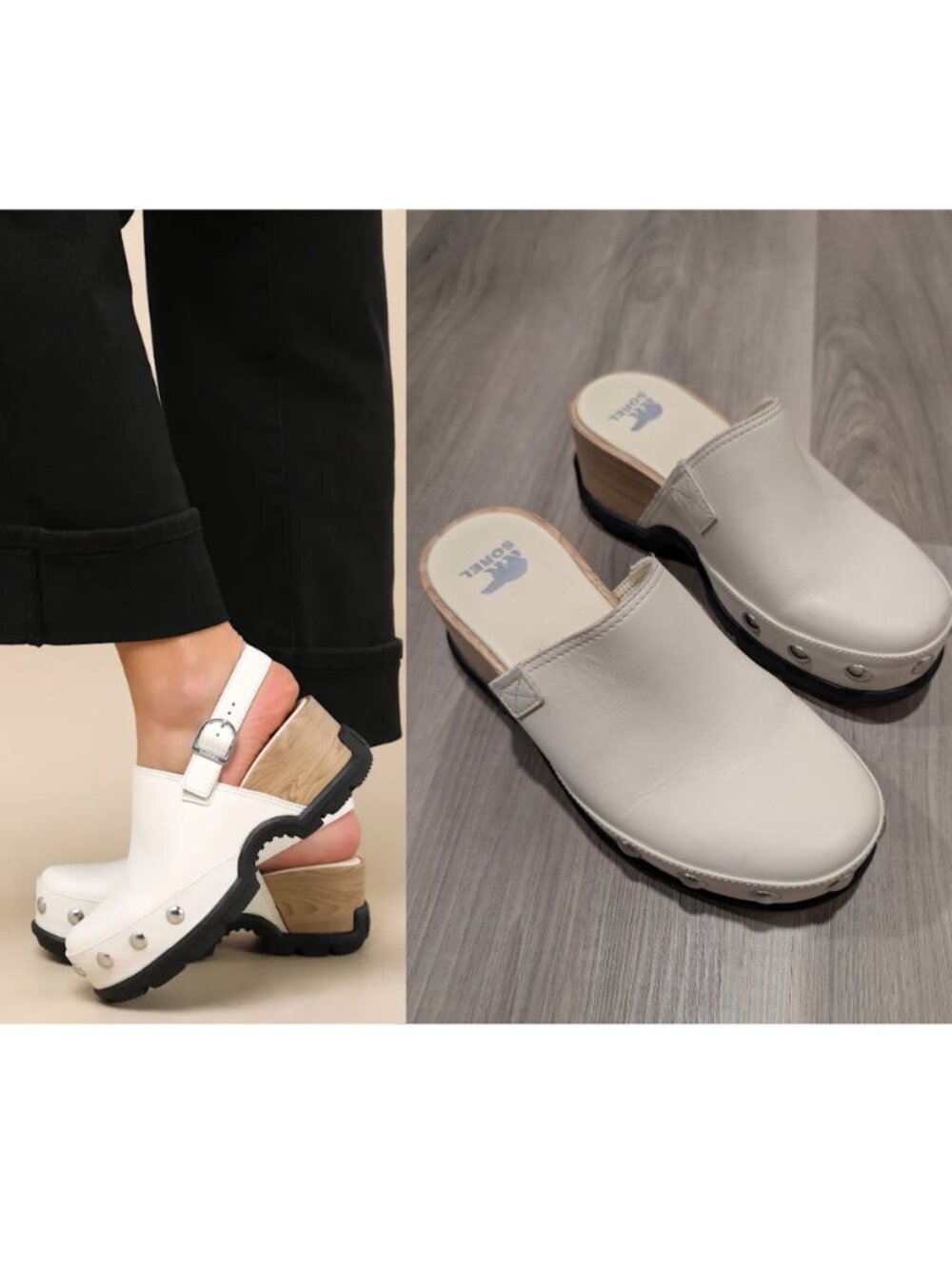 Sorel | Roam'n RVT Studded Leather Platform Mule Clogs In Chalk White